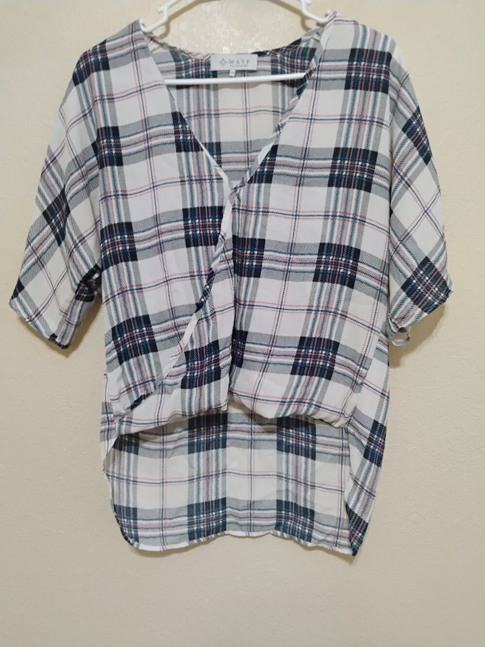 WAYF XS Plaid Faux Wrap Blouse White Pink Blue Hi Low Top